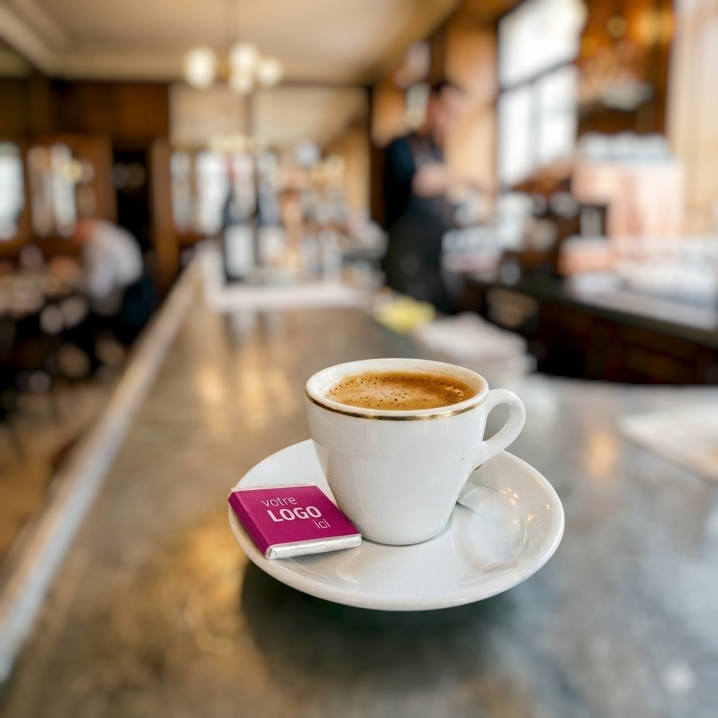 Un serveur tendant une tasse de café avec un chocolat personnalisé en bord de tasse